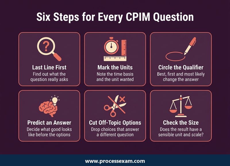 Dark card grid of six steps for reading a CPIM question, from last line first to checking the size of the answer