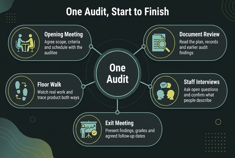 Dark hub graphic of one food safety audit with five stages from opening meeting to exit meeting