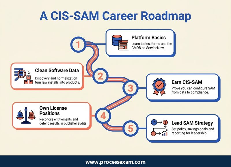 Roadmap of a CIS-SAM career in five stages, from platform basics and clean software data to leading SAM strategy