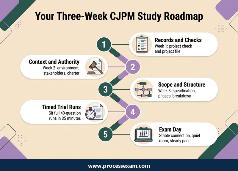 Infographic roadmap of a three-week CJPM study plan from project file basics to timed trial runs