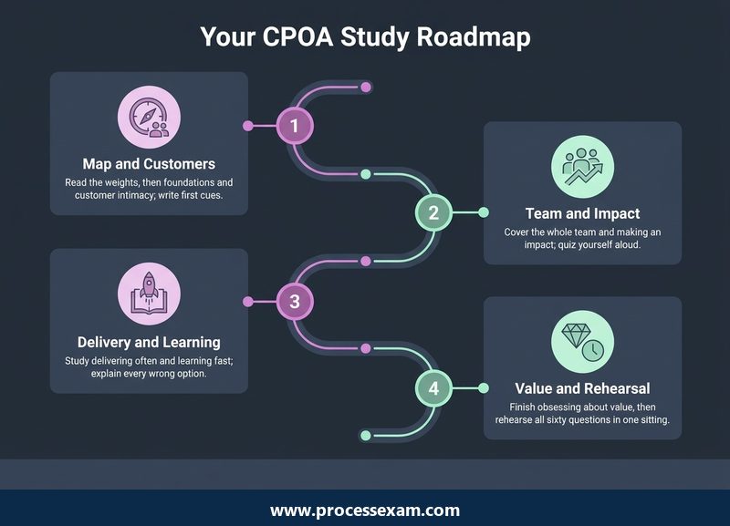 Dark roadmap of four CPOA study stages from mapping customers to rehearsing value questions