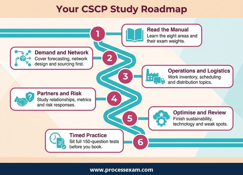 Roadmap infographic of a six-step CSCP study path from reading the manual to timed practice