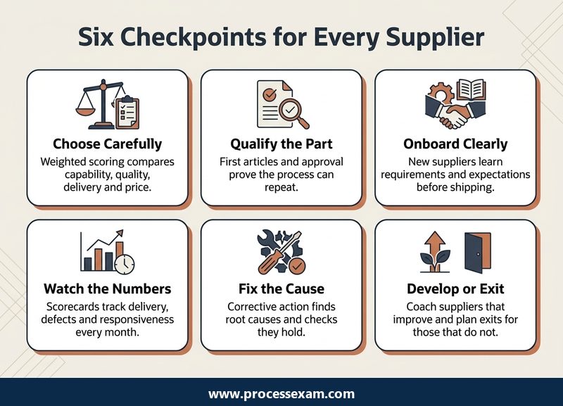Card grid of six supplier checkpoints from choosing a supplier to developing or exiting it