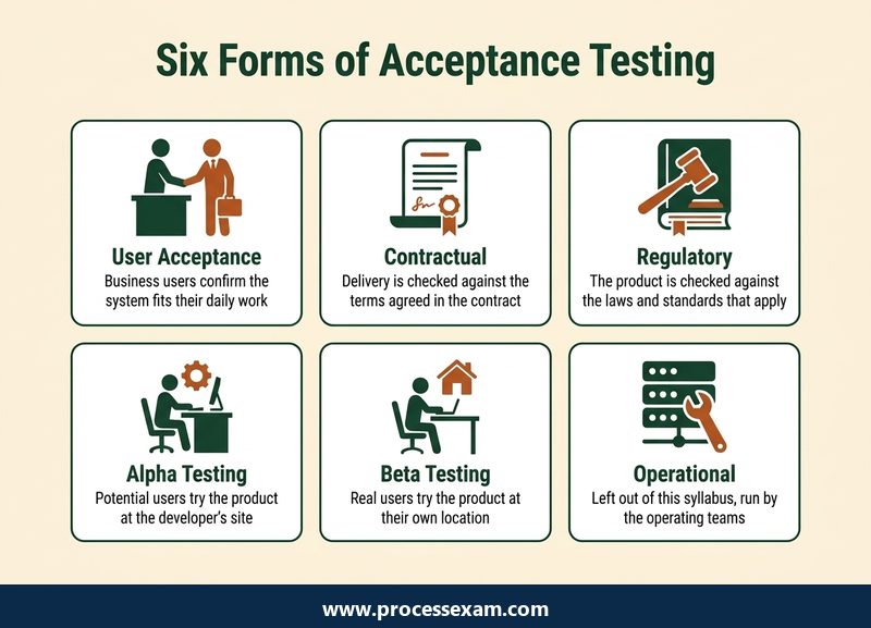 Card grid of six forms of acceptance testing from user acceptance to operational testing