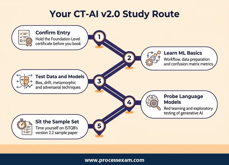 Infographic roadmap of five steps to prepare for CT-AI version 2.0 from entry rule to sample paper