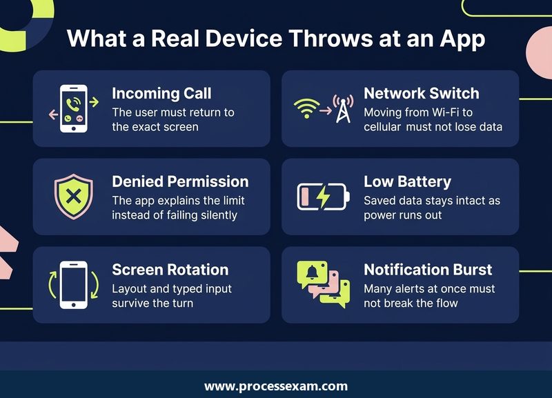 Six real-device conditions a mobile app must survive, from an incoming call to a notification burst