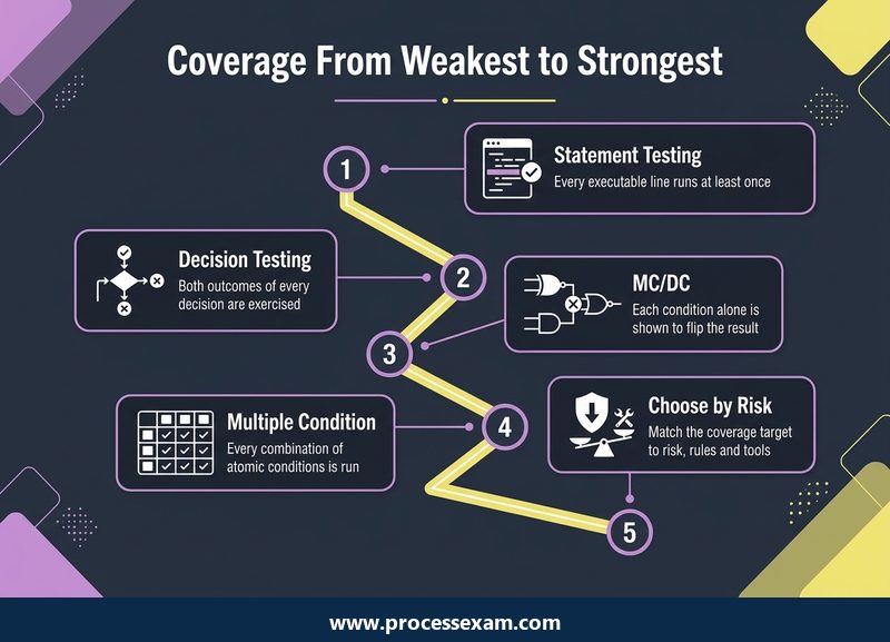 Roadmap of five CTAL-TTA white-box coverage steps from statement testing to choosing by risk