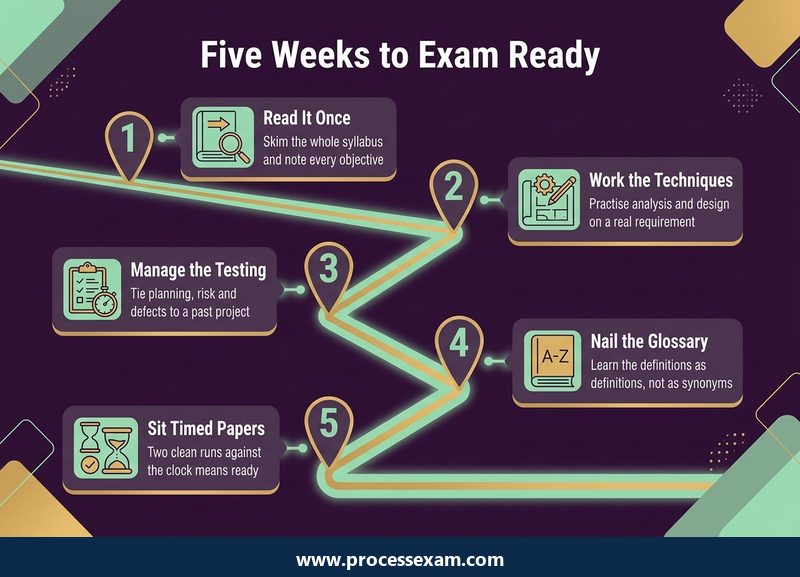 Roadmap infographic of a five-week CTFL study plan from first reading to timed practice papers