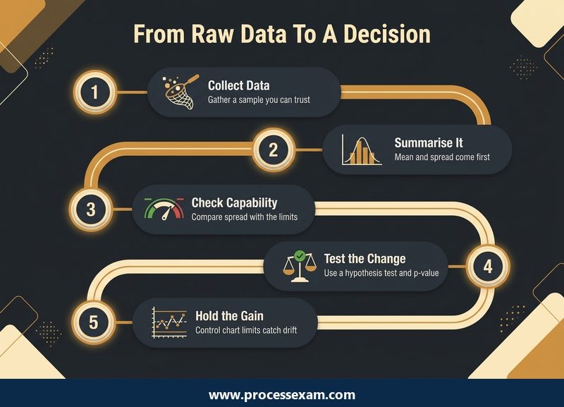 Roadmap of five steps from collecting data to summarising, capability, hypothesis testing and control charts