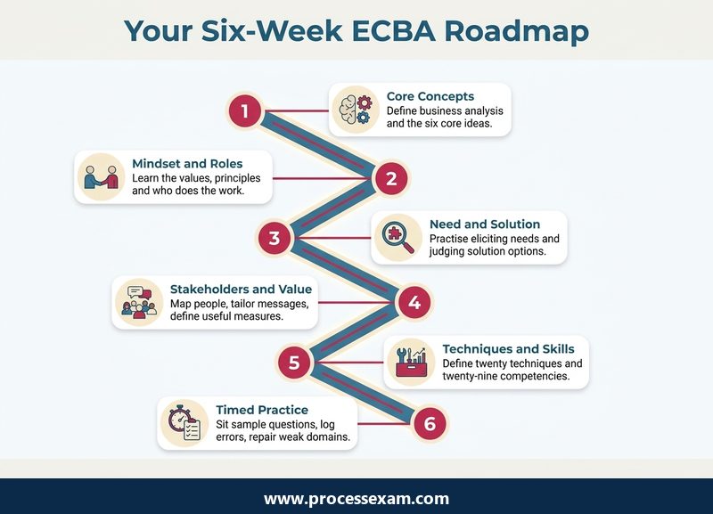 Roadmap of a six-week ECBA study plan from the Standard and core concepts to timed practice