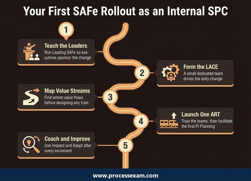 Roadmap of five numbered steps in an internal SPC's first SAFe rollout, from teaching leaders to coaching the train