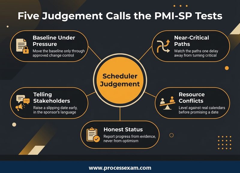 Dark hub infographic of five scheduling judgement calls the PMI-SP exam puts to a candidate