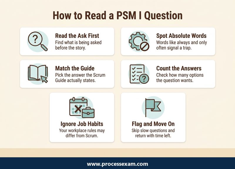 Infographic of six habits for reading a PSM I question, from reading the ask first to flagging slow questions