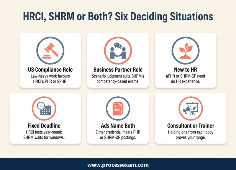 Infographic of six situations that point to an HRCI credential, a SHRM credential or both