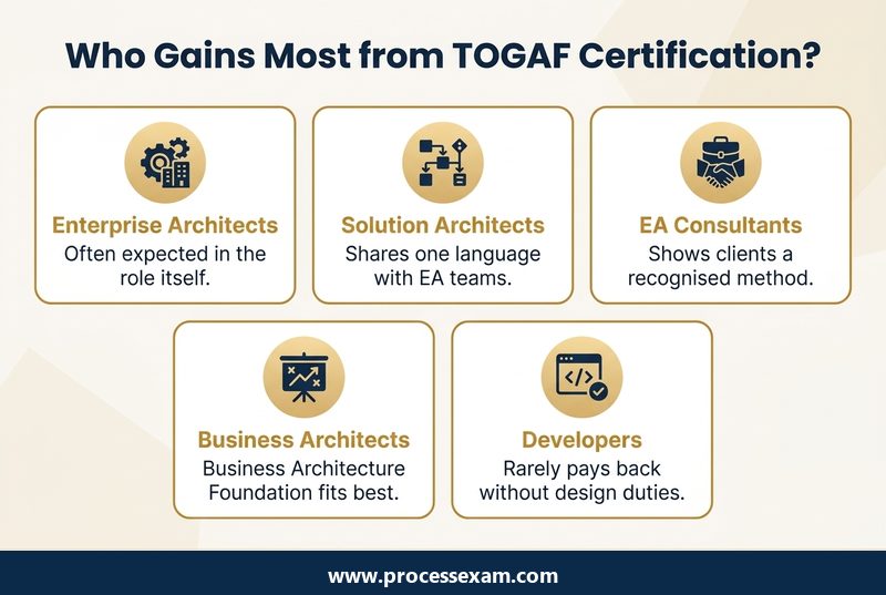 Who Gains Most from TOGAF Certification infographic with five labelled points