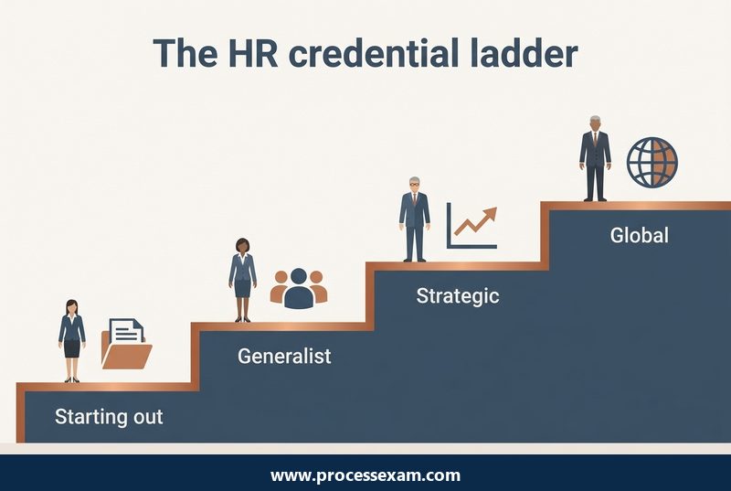Illustration of an HR career ladder rising through starting out, generalist, strategic and global stages