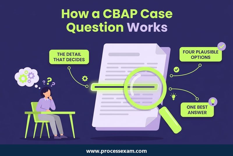 Illustration of how a CBAP case question works with the deciding detail, four plausible options and one best answer