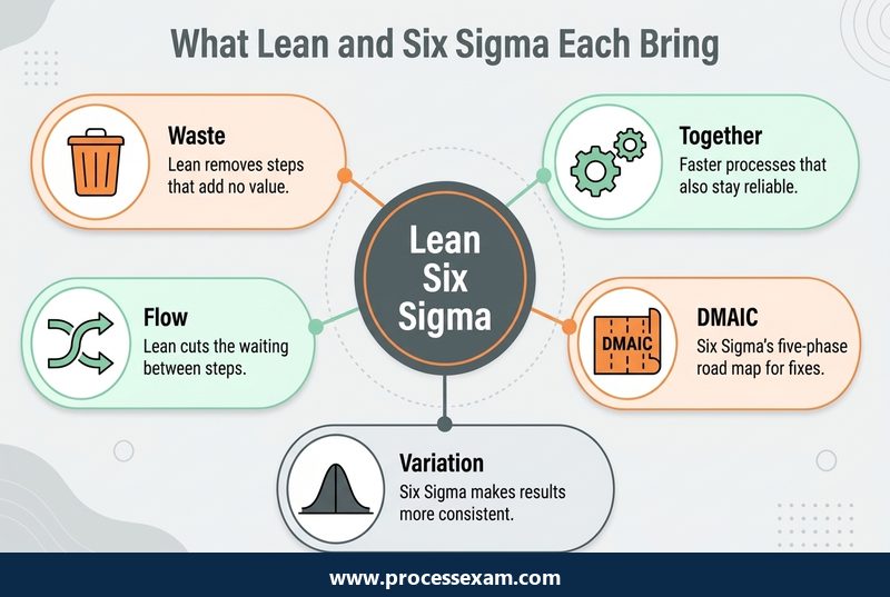 What Lean and Six Sigma Each Bring infographic with five labelled points
