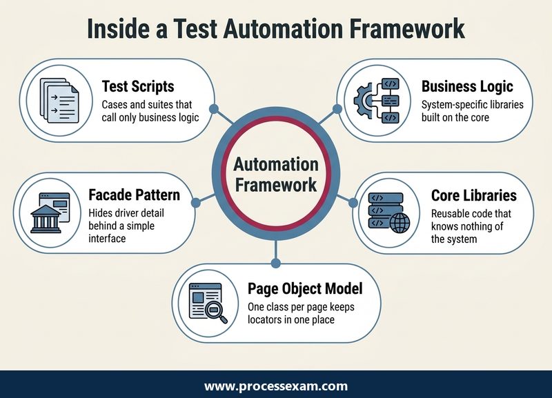 Infographic of a test automation framework with scripts, business logic, core libraries, page objects and facades