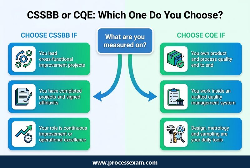 Infographic decision flow showing when to choose CSSBB and when to choose CQE