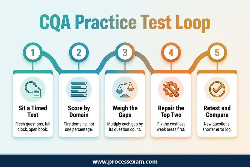 Infographic of a five-step CQA practice test loop from timed test to domain scoring, repair and retest