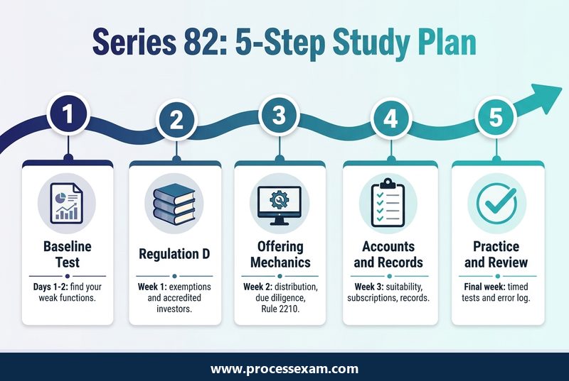 Infographic of a five-step Series 82 study plan from a baseline test to timed practice and review