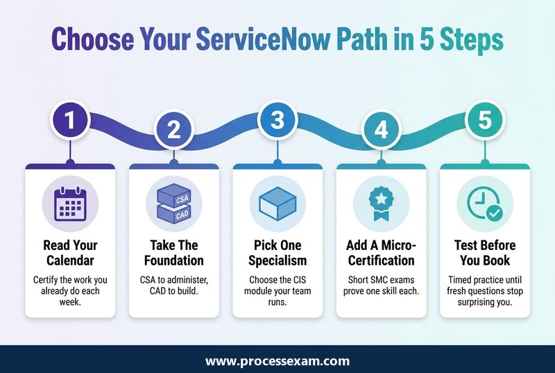 Infographic of a five-step ServiceNow certification path from choosing a role to booking the exam