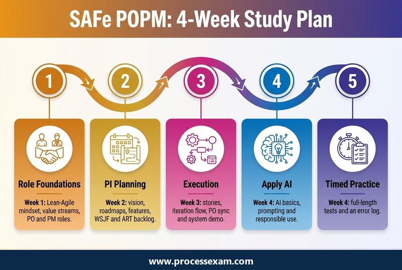 Infographic of a four-week SAFe POPM study plan in five steps from role foundations to timed practice tests