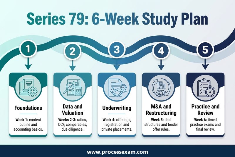 Infographic of a six-week Series 79 study plan in five steps from foundations to timed practice exams