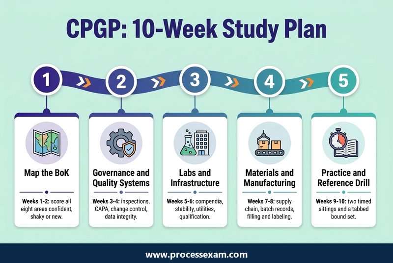Infographic of a ten-week CPGP study plan in five steps from mapping the Body of Knowledge to timed practice