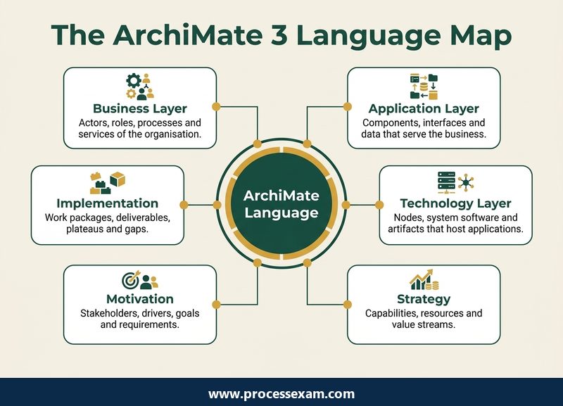 Hub diagram of the ArchiMate 3 language with business, application, technology, strategy, motivation and implementation cards