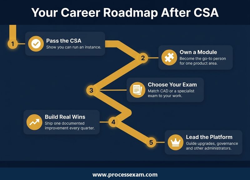Infographic roadmap of five career milestones after passing the ServiceNow CSA exam