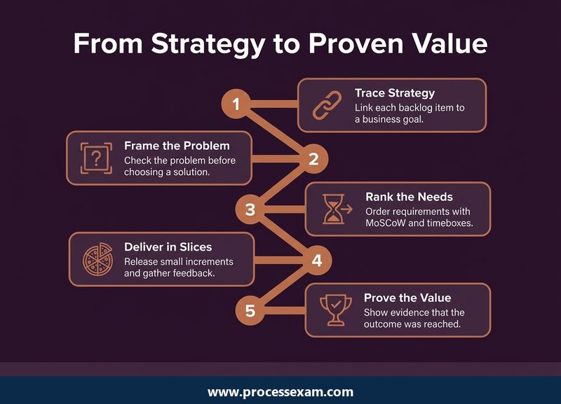 Roadmap infographic of five steps in agile analysis from tracing strategy to proving the value delivered