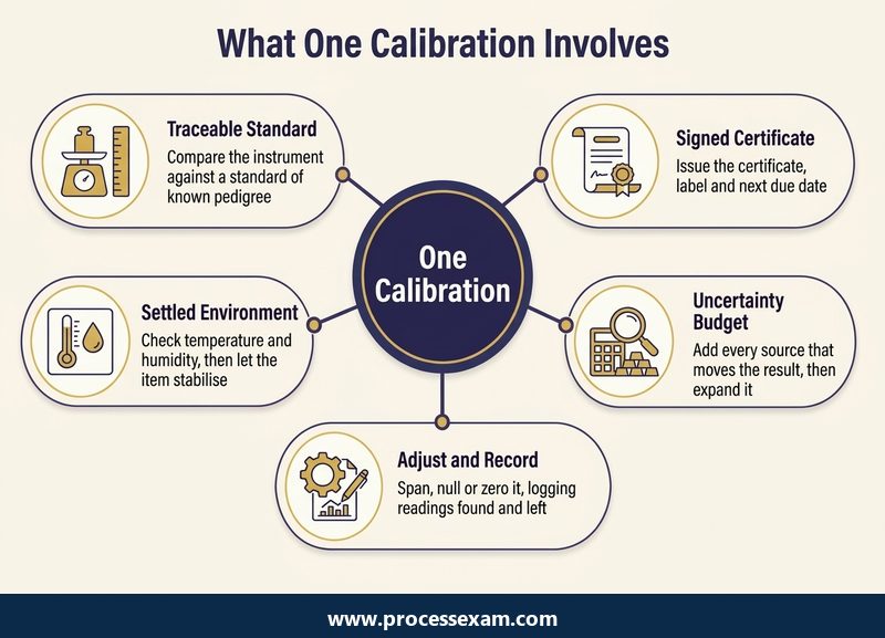 Hub diagram of the five parts of one calibration from traceable standard to signed certificate