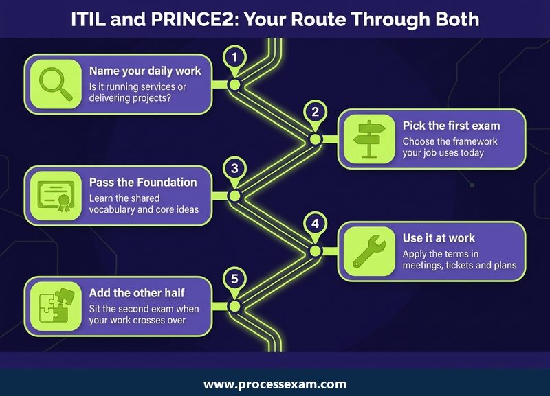 Roadmap of five steps for choosing between ITIL and PRINCE2 and then taking both
