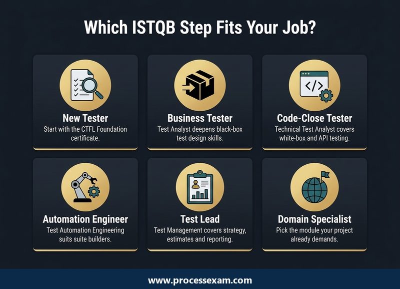 Card grid matching six testing jobs to ISTQB steps, from new tester to test lead and domain specialist