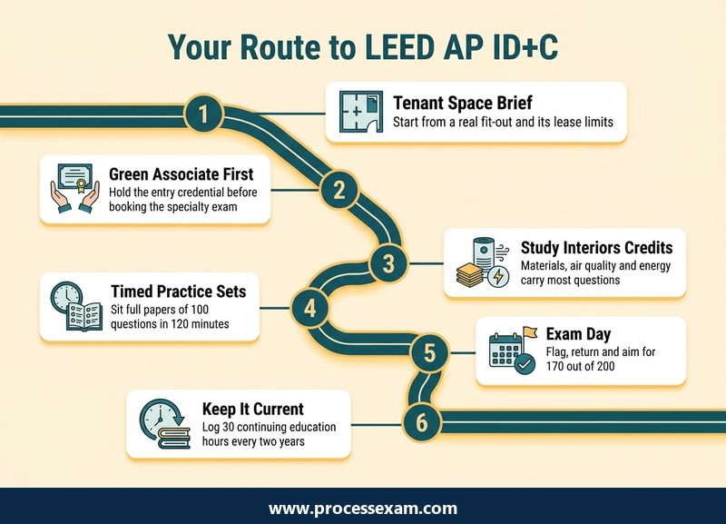 Roadmap infographic of six milestones from a tenant space brief to a LEED AP ID+C credential