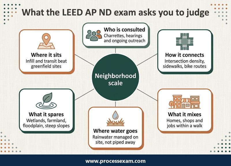 Hub diagram of six neighbourhood-scale judgments tested by the LEED AP ND exam, from location to public outreach