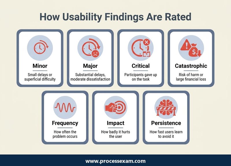 Light card grid of the four usability severity ratings and the three factors that set them