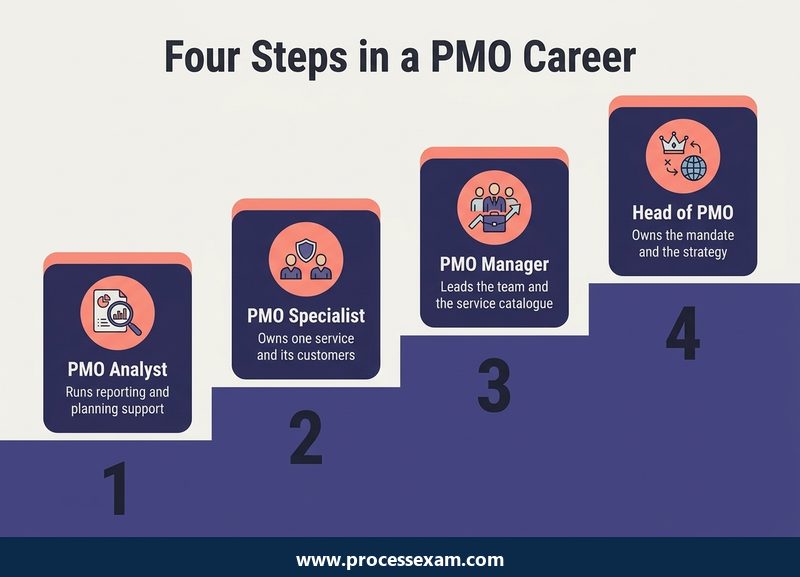 Light staircase infographic of four steps in a PMO career, from PMO analyst to head of PMO