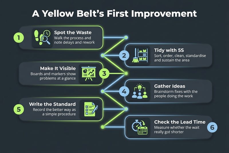 Dark roadmap of six steps in a first Yellow Belt improvement from spotting waste to checking the lead time
