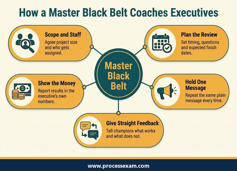 Hub infographic of five ways a Master Black Belt coaches executives, from scoping to reporting results