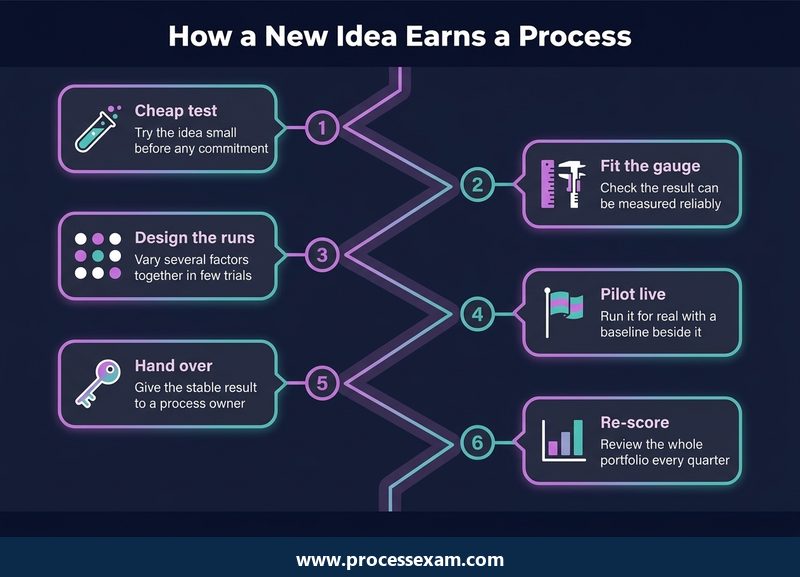Six-step roadmap from a cheap test to a handover and quarterly portfolio review for a new idea