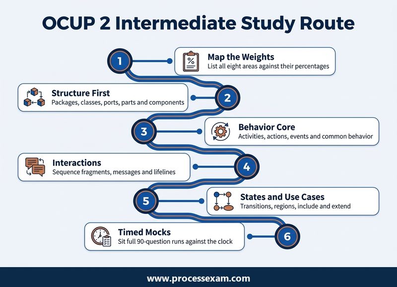 Roadmap infographic of six OCUP 2 Intermediate study milestones from topic weights to timed mock papers