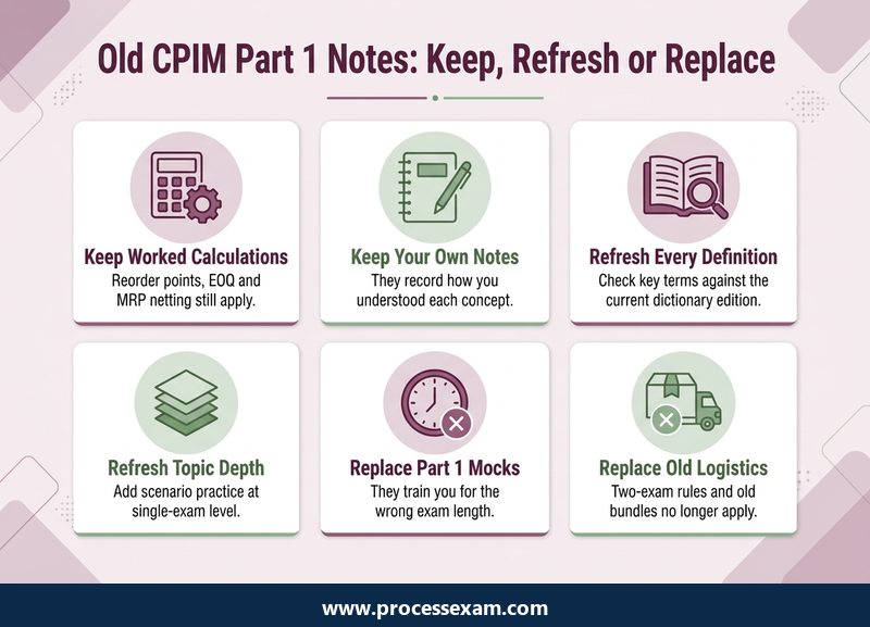 Card grid infographic on what to keep, refresh or replace from old CPIM Part 1 study notes for CPIM 9.0