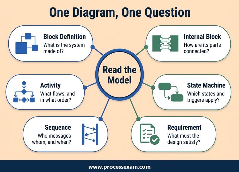 Hub of six SysML diagram types, each paired with the one question a Model User asks of it