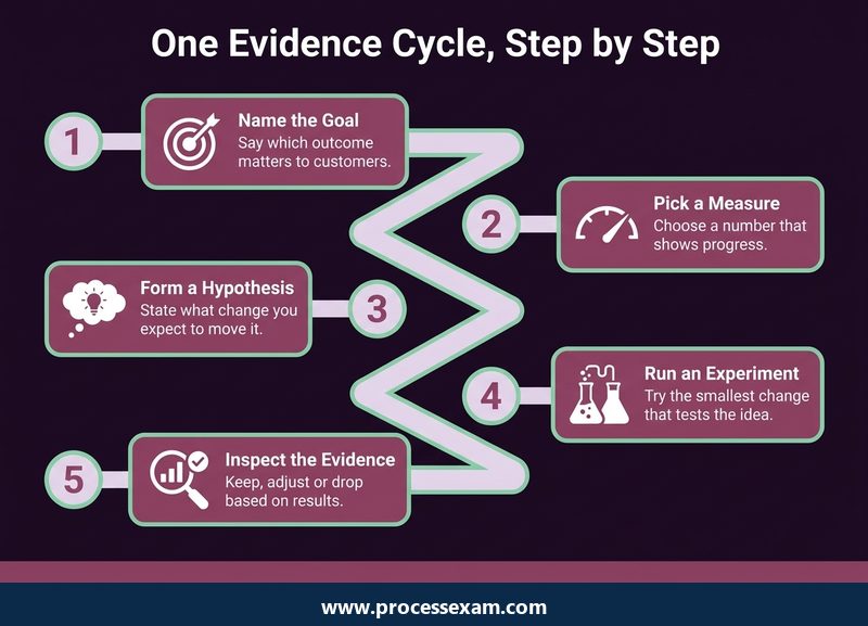 Roadmap of one evidence cycle in five steps goal, measure, hypothesis, experiment and inspecting the evidence