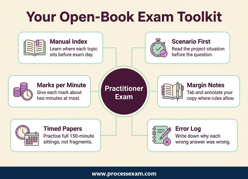 Infographic of an open-book exam toolkit for the PRINCE2 Practitioner exam with six preparation habits
