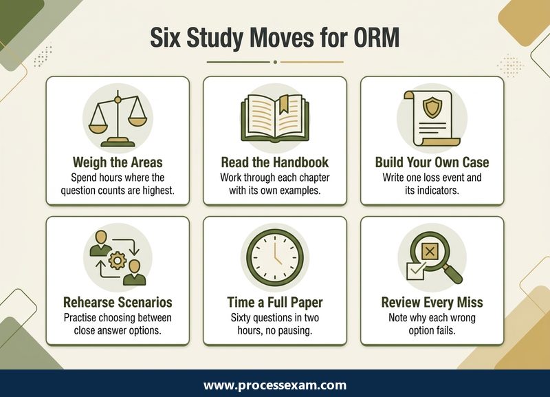 Infographic of six study moves for the PRMIA ORM exam, from weighing the areas to reviewing every miss