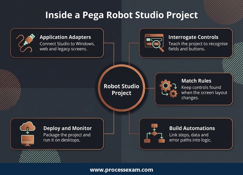 Dark hub infographic of the five parts of a Pega Robot Studio project the CPRSA exam tests